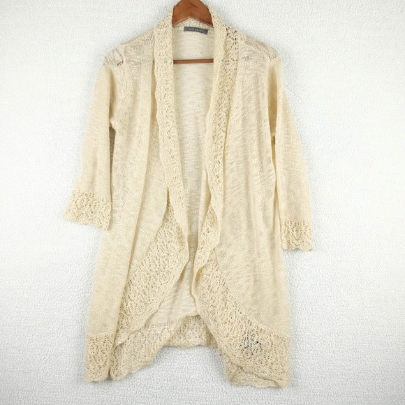 Vintage Sweaters - Vintage Lace Cardigan Womens Medium Beige Open Long Knit Cottagecore 90s